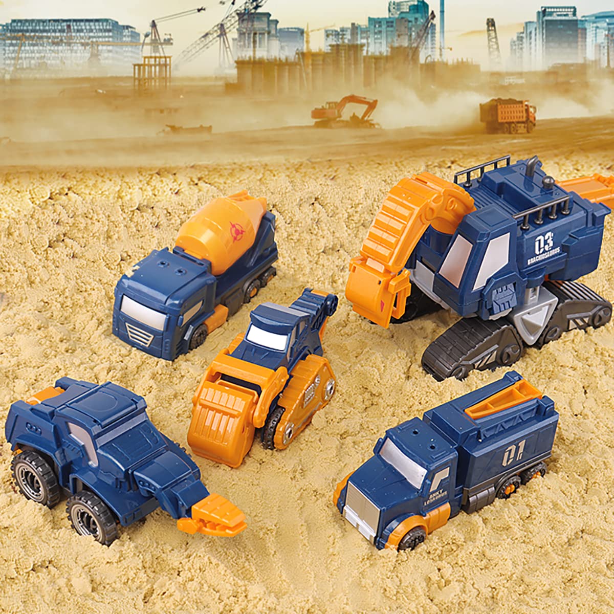 Toddler Construction Car Transform Set - 5PCS Dinosaur Rescue Robots with Magnetic Connectors, DIY STEM Trucks Toy for Kids 3-7