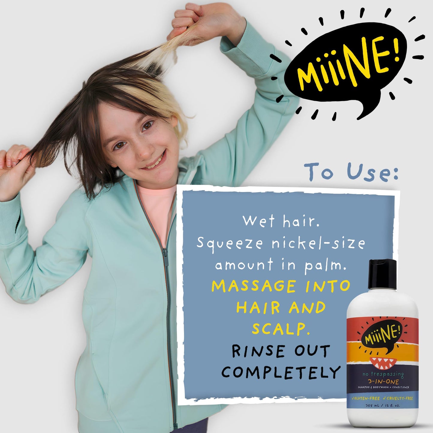 MiiiNE! 12oz Kids Shampoo and Conditioner 3 In 1 Apple Scented Body Wash with Gentle Formula - Gluten Free Made Cruelty Free in USA By Stylists