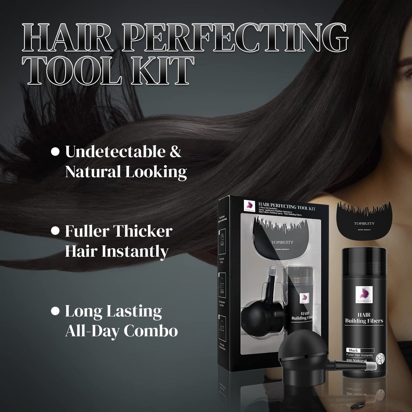 TOPIBUITY Hair Thickening Fibers & Applicator Set - Natural Long-Lasting Concealer for Fuller Hair, Thicker Beard & Crisp Hairlines (BLACK)