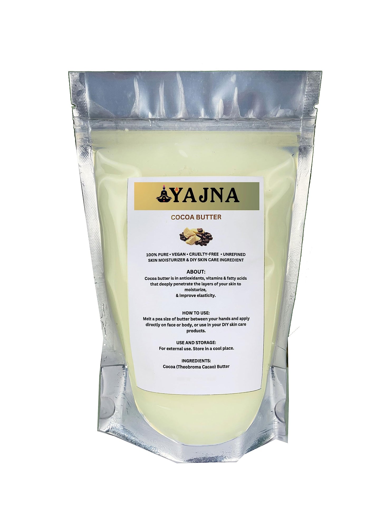 Yajna Organic Raw Cocoa Butter 100% Pure & Unrefined, Skin & Hair Moisturizer, DIY Creams, Lotions, Soaps, 1lb/450g Ivory Grade A
