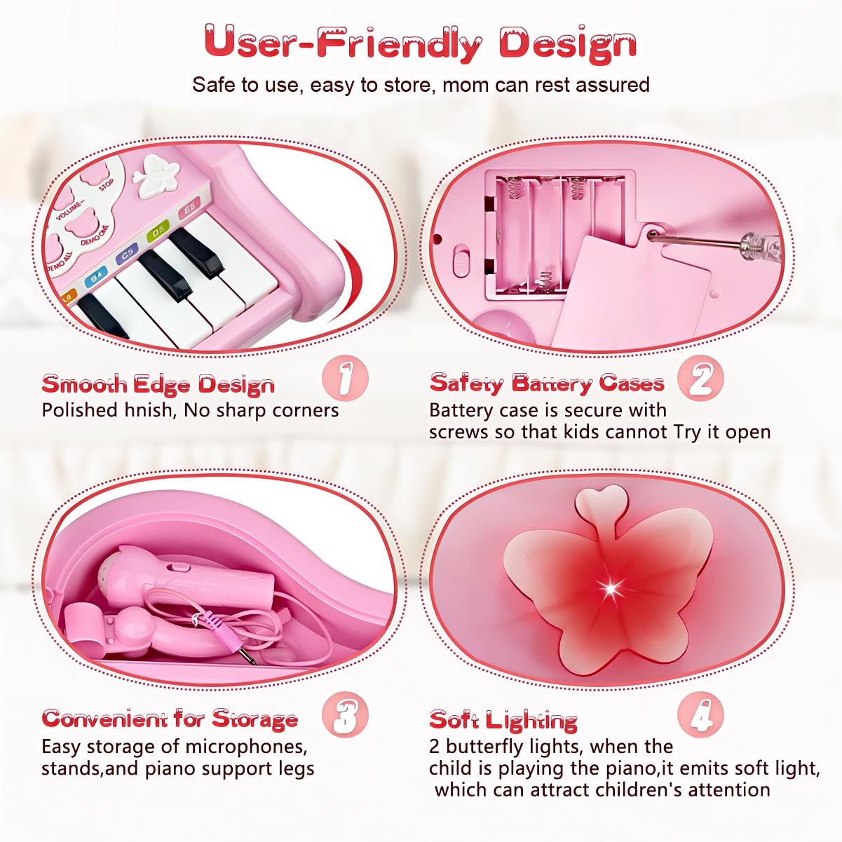 Love&Mini Pink Piano Toys for 1+Years Old Girls First Birthday Gifts Toddler Piano Music Toy Instruments with 24 Keys and Microphone