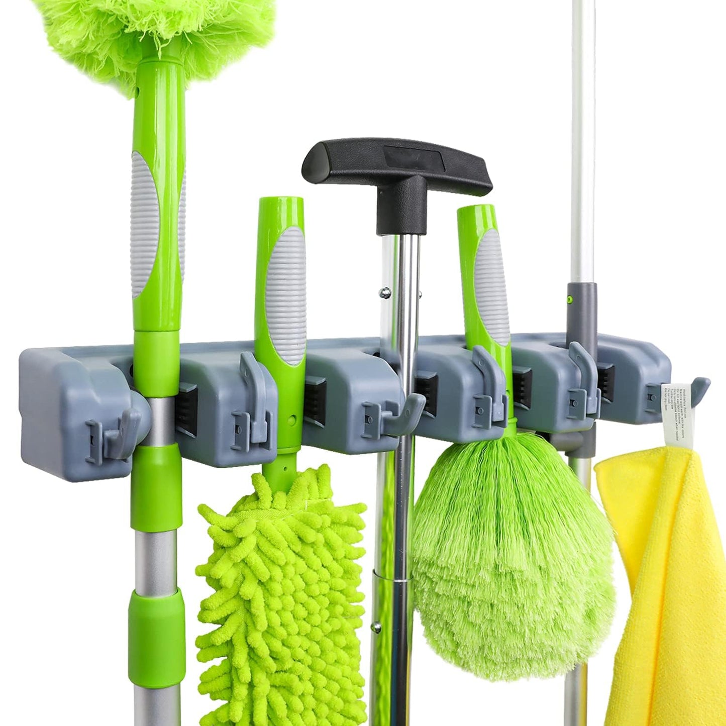 Amazon Basics Wall-Mount Broom & Mop Holder – Heavy-Duty Storage Organizer with Hooks & Slots for Home, Garage, Garden, Laundry, Gray