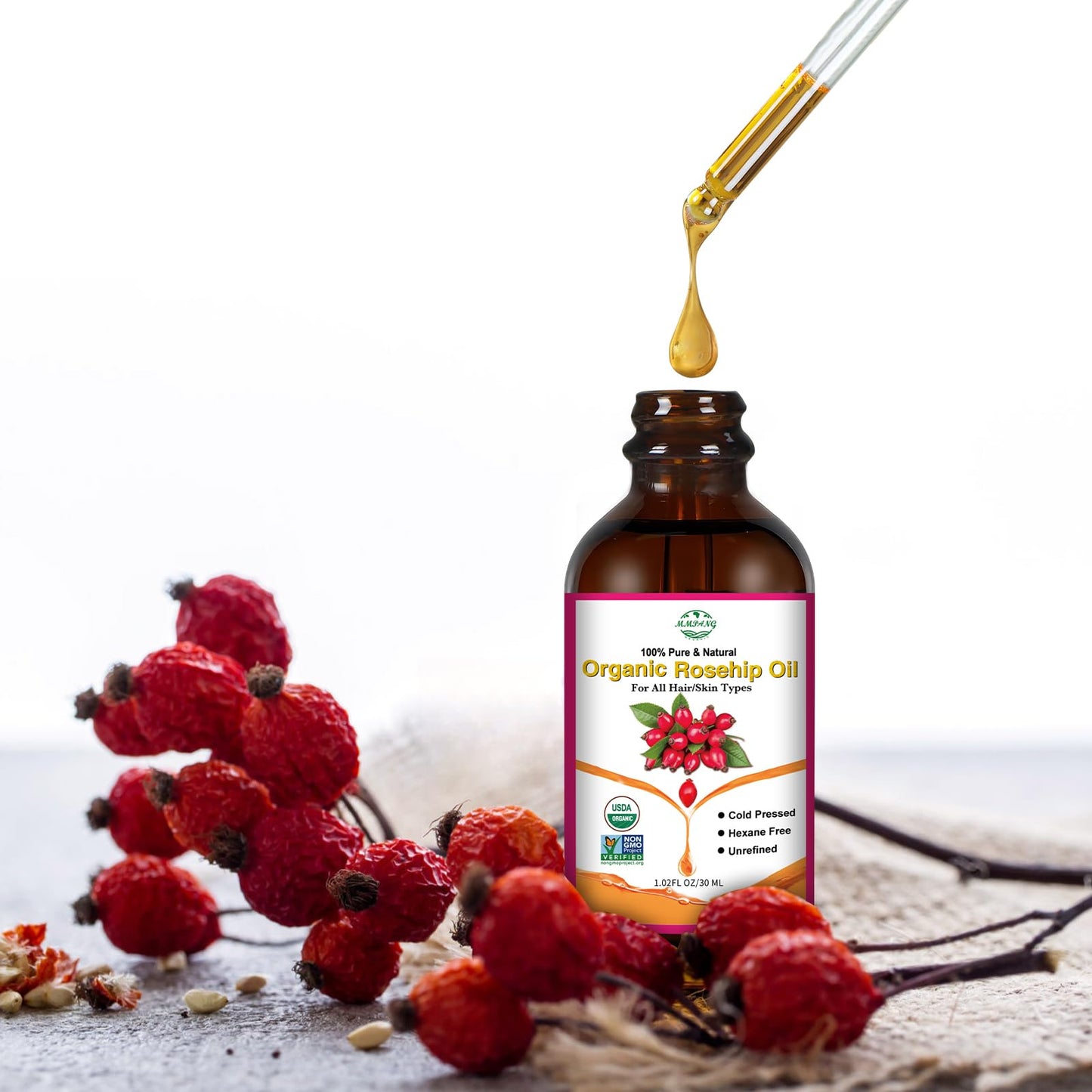 MMPANG Organic Rosehip Seed Oil for Face & Hair, USDA Certified, Cold-Pressed, 100% Pure, Anti-Aging, Acne Scar & Gua Sha Oil, 1oz