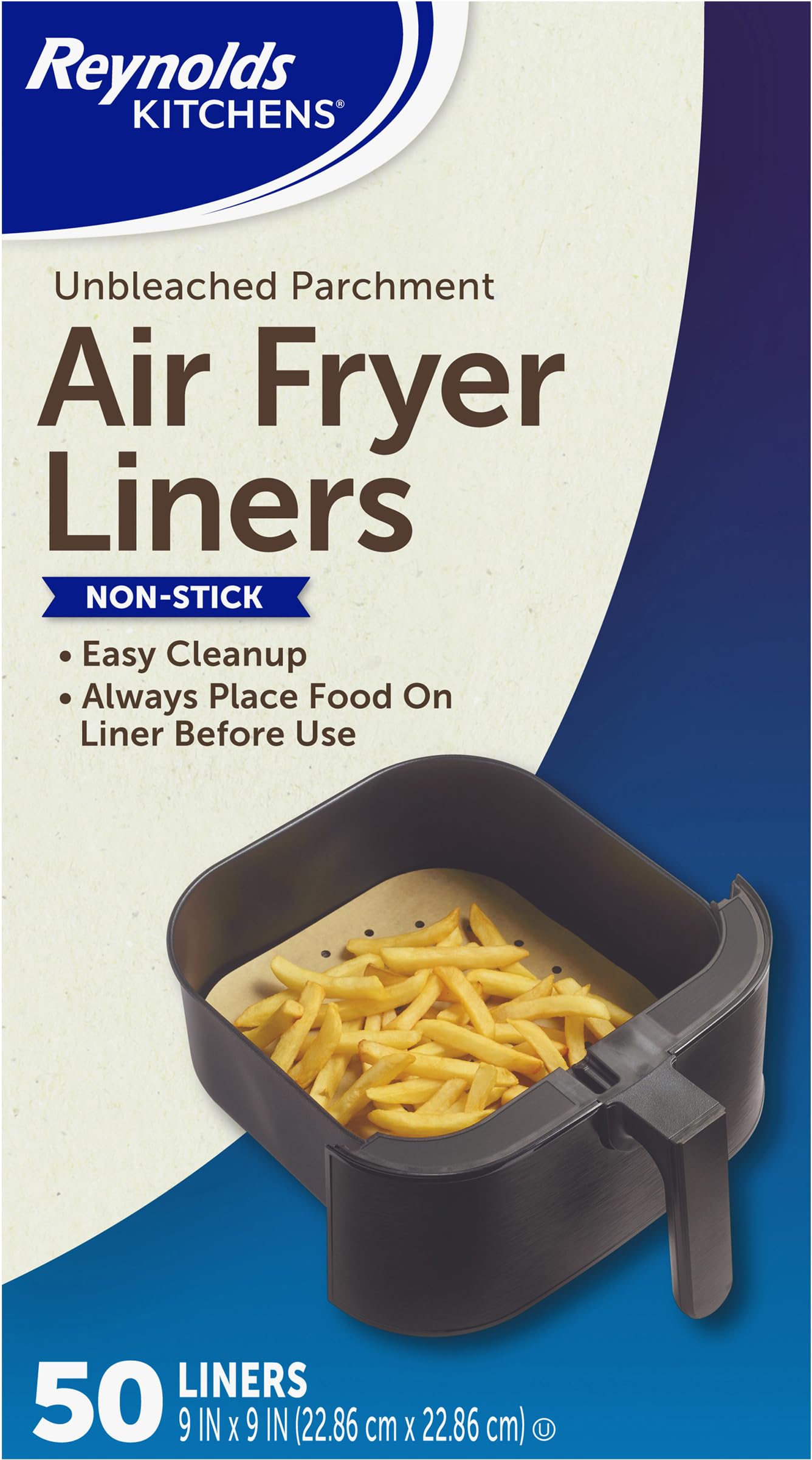 Reynolds Kitchens Air Fryer Liners Disposable, Unbleached Parchment Paper Sheets, 50 Count