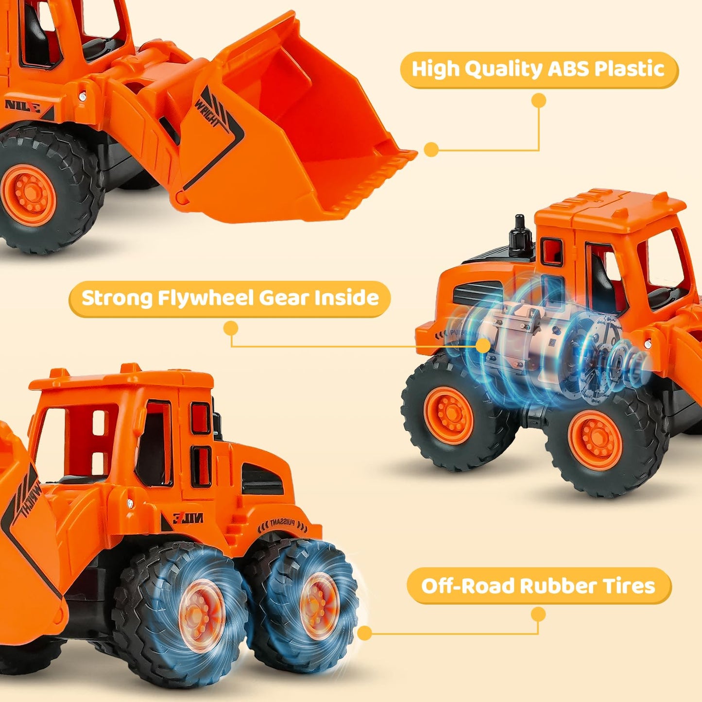 Beestech Friction Powered Construction Truck Toys for Kids Ages 3+, 4-Pack Sand Vehicles Set with Excavator, Bulldozer & Road Roller