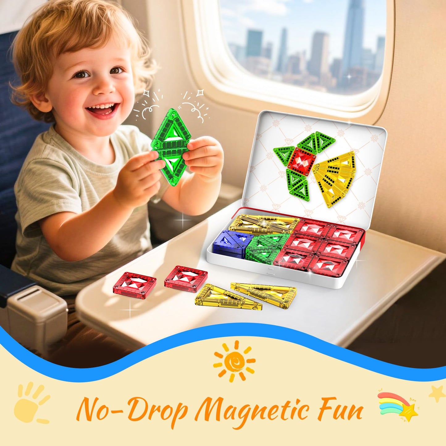 Zupooko Mini Magnetic Tiles for Kids 3-8 | Travel Magnetic Building Blocks with Metal Storage Box | STEM & Montessori Educational Toy Gift