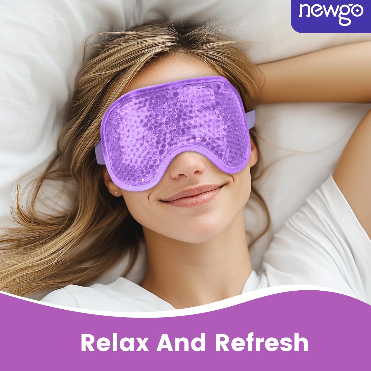 NEWGO Cooling Gel Eye Mask - Reusable Cold Pack for Puffy Eyes, Dark Circles, Migraine, Stress Relief - Purple With Soft Plush Backing