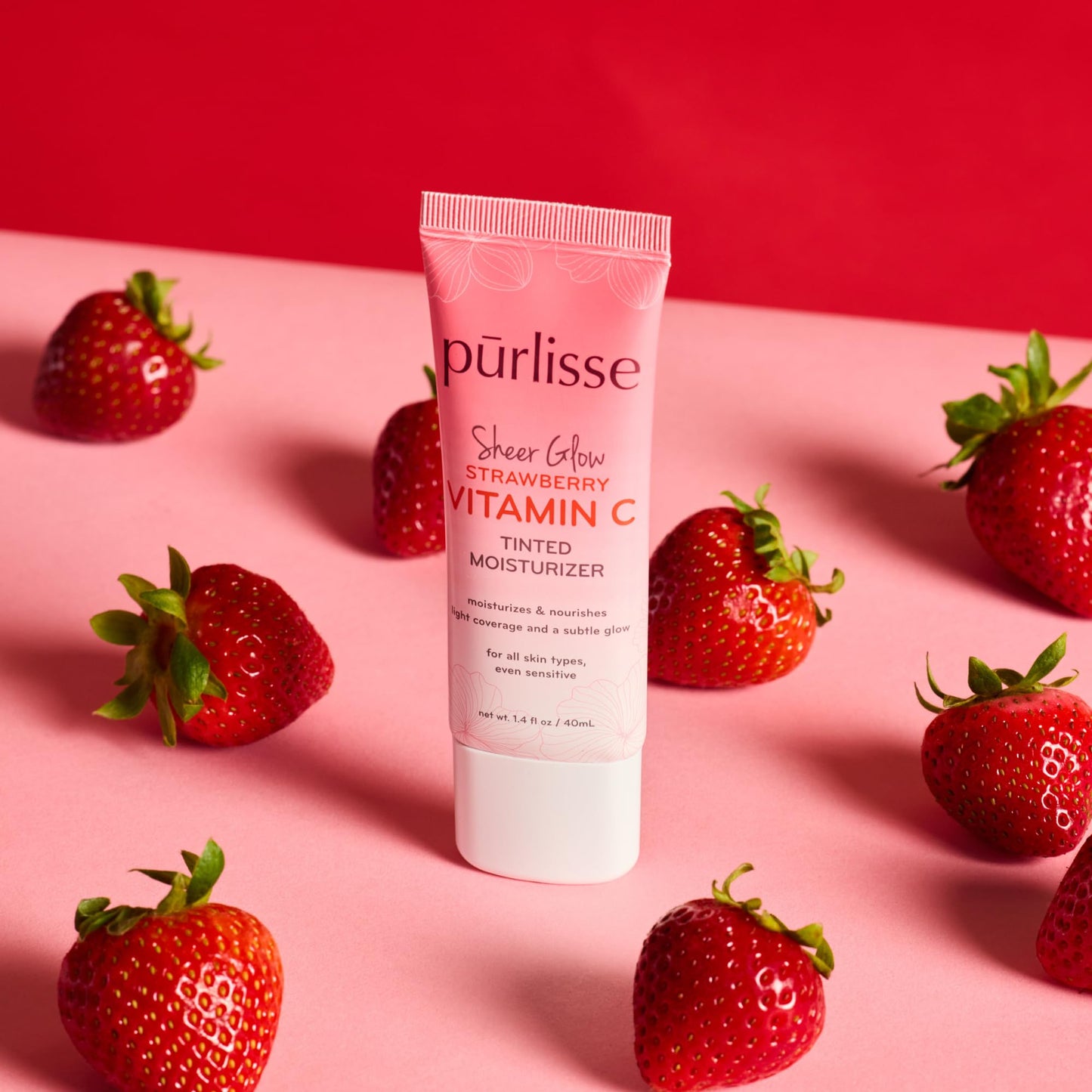 pürlisse Sheer Glow Strawberry Vitamin C Tinted Moisturizer - Dewy Skin Tint with Antioxidants for Even Complexion & Light Coverage - Medium Tan, 1.4 oz