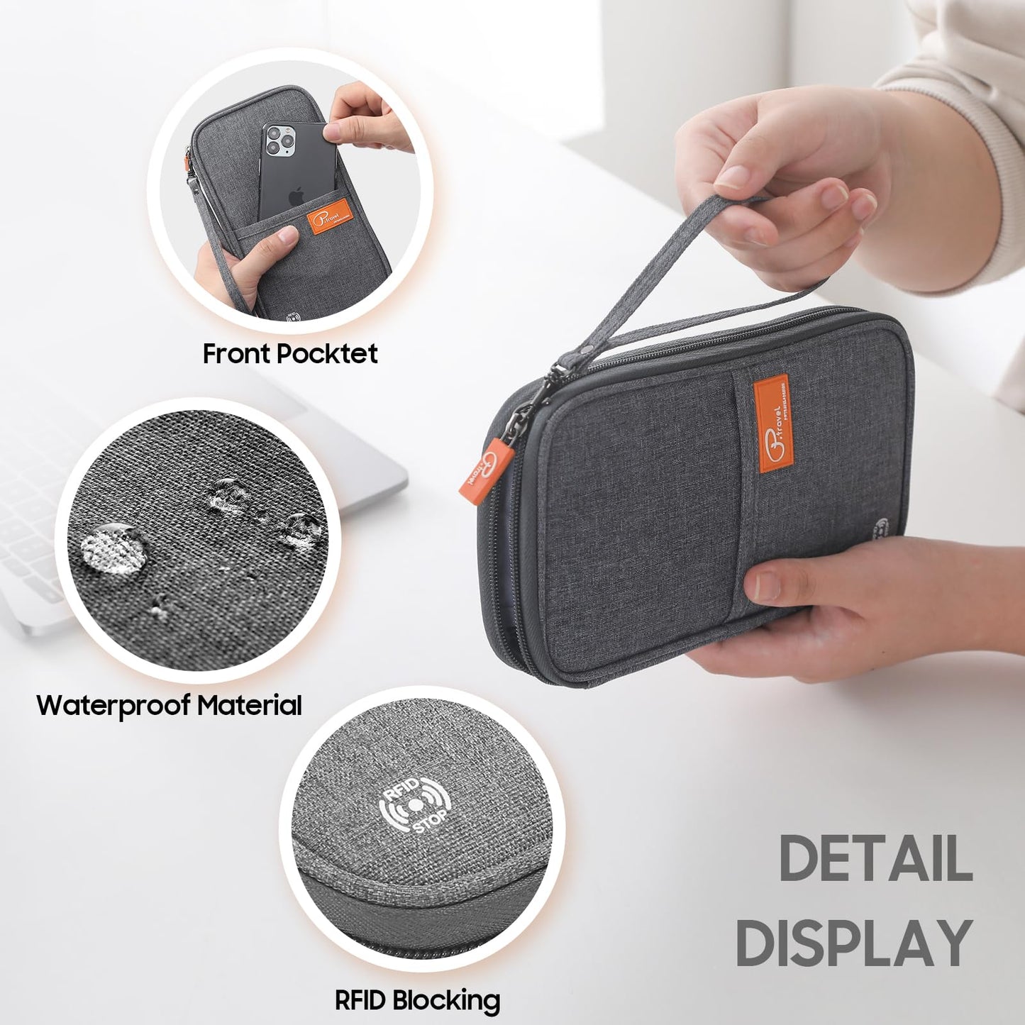 Travel Passport Wallet – Lightweight RFID Blocking Family Passport Holder & Waterproof Document Organizer Bag for Men & Women, Grey