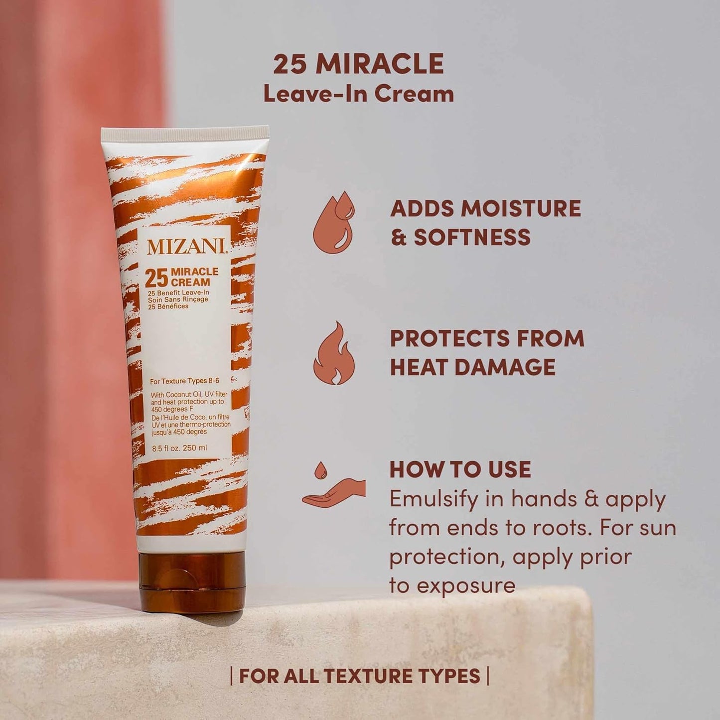 Mizani 25 Miracle Leave-In Curl Cream - Anti-Frizz Heat Protectant, Adds Lightweight Moisture & Softness, With Coconut Oil, For Natural and Curly Hair