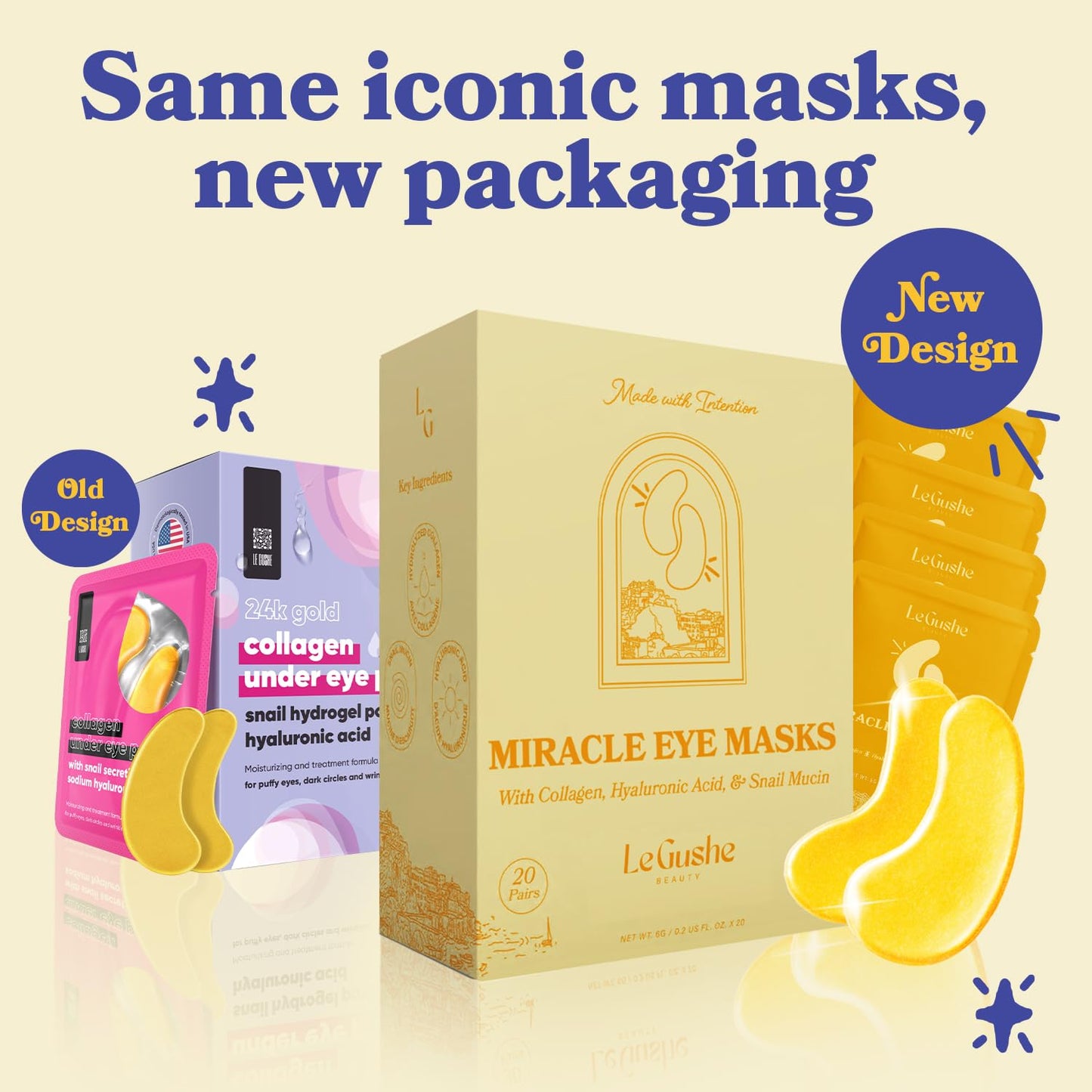 LE GUSHE Gold Under Eye Patches 20 Pairs – Hydrating Collagen & Snail Mucin Masks for Dark Circles, Puffy Eyes, Women & Men