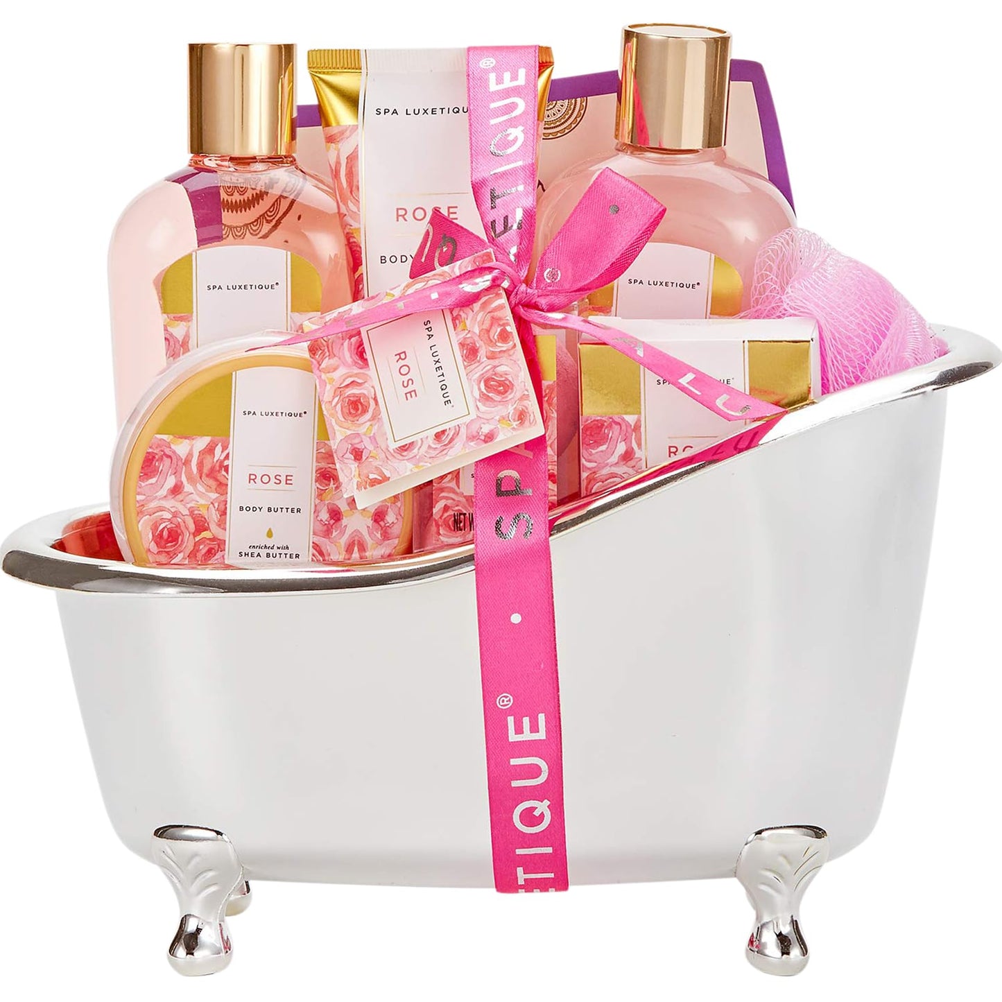 Spa Luxetique 8-Pc Rose Gift Set for Women – Bath & Body Basket with Bubble Bath, Shower Gel, Lotion – Birthday & Mother’s Day Gifts
