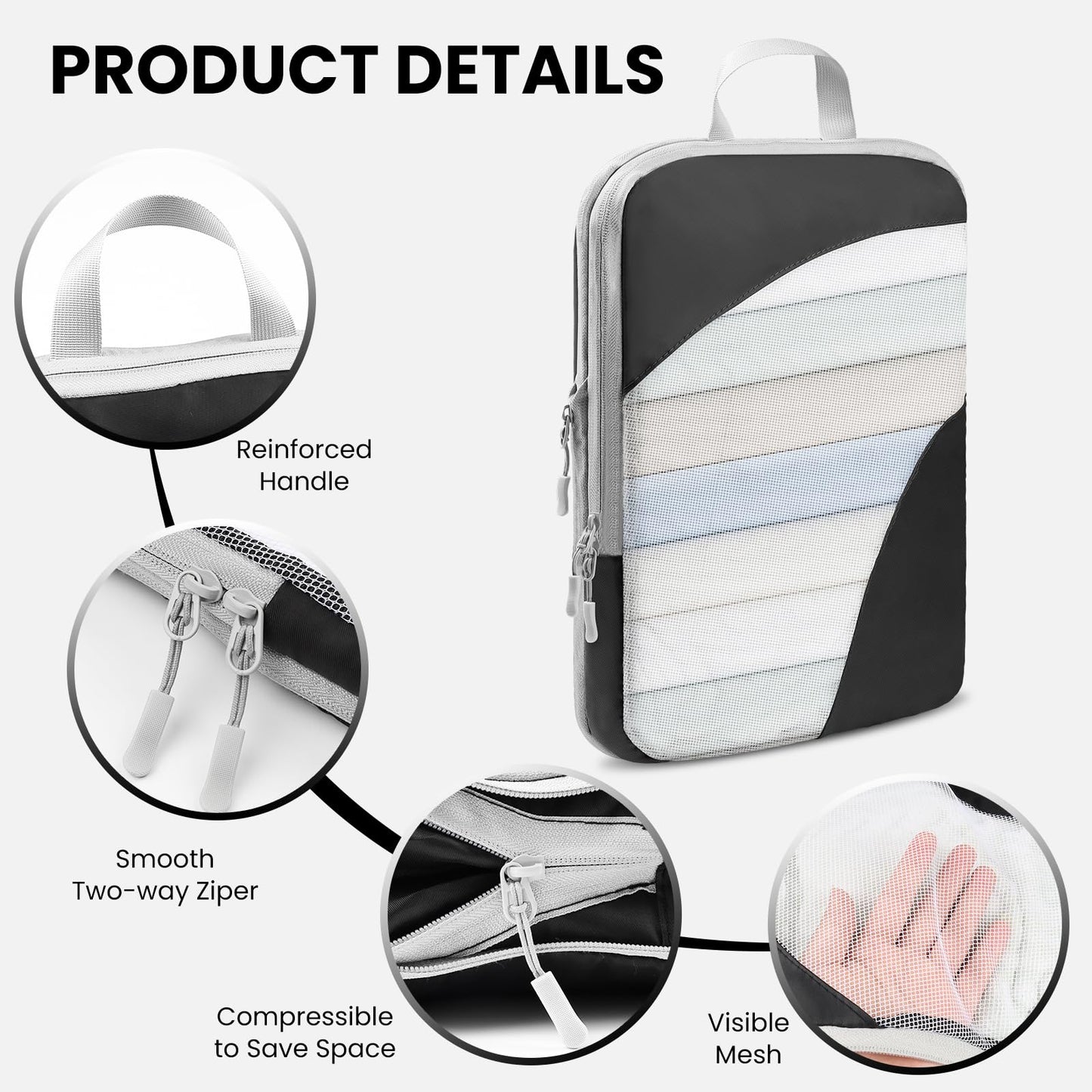 10 Set Compression Packing Cubes – Lightweight, Stretchable Travel Storage Bags for Luggage & Accessories, 10 Pcs, Black