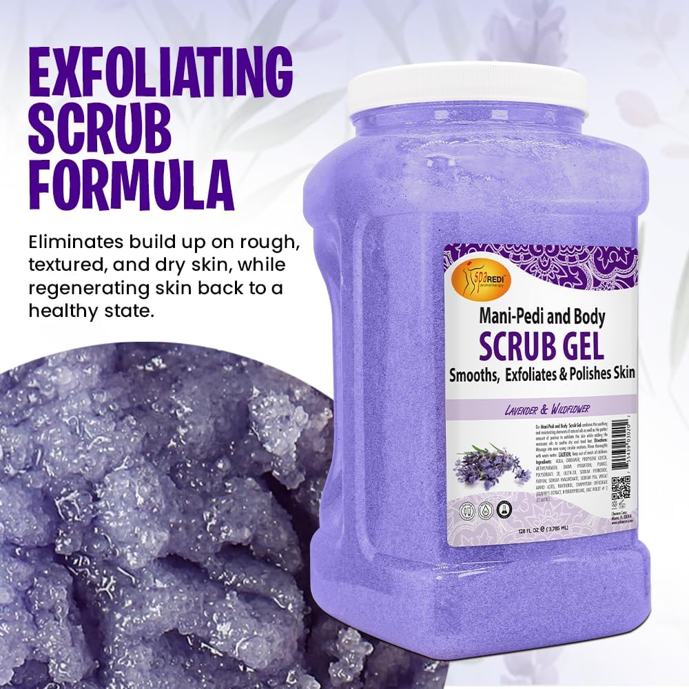 SPA REDI Exfoliating Pumice Gel Scrub, Lavender & Wildflower, 128 Oz – Manicure, Pedicure & Body Scrub with Hyaluronic Acid & Panthenol