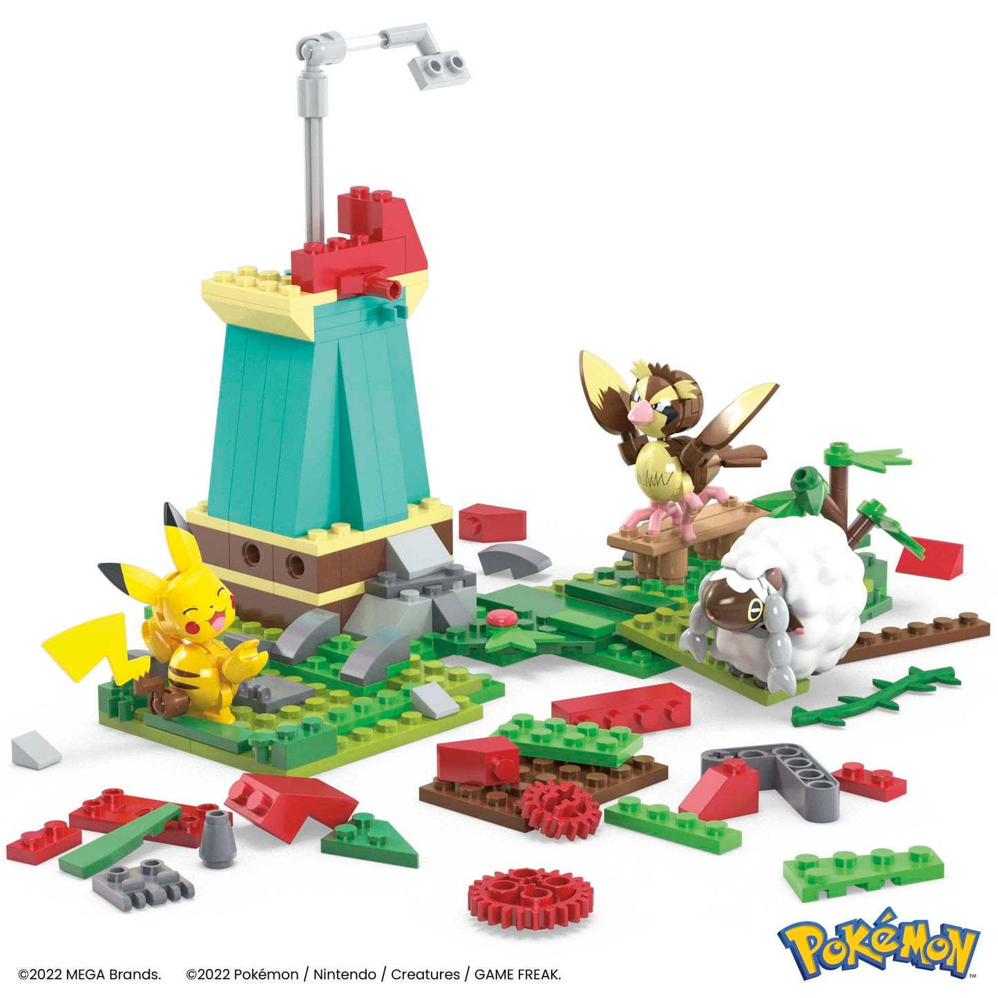 MEGA Pokemon Action Figure Building Toy Set, Countryside Windmill with 240 Pieces, Motion and 3 Poseable Characters, Gift Idea for Kids