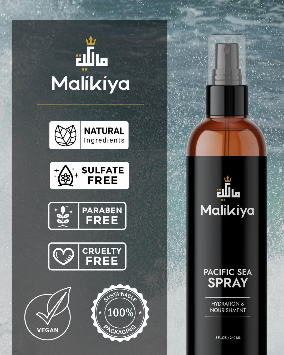 Malikiya Sea Salt Spray for Men– Beach Waves, Fluffy Textured Hair | Natural, Non-Greasy, No Crunch, Firm Hold | Coconut Water & Sea Kelp | 8 oz