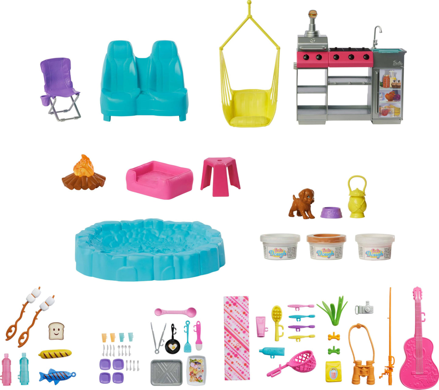 Barbie Dream Camper 2025 Playset with Roof Tent, Swing Chair, BBQ Grill, Fishing Pond, Color-Change Feature & 60+ Fun Accessories with Dough