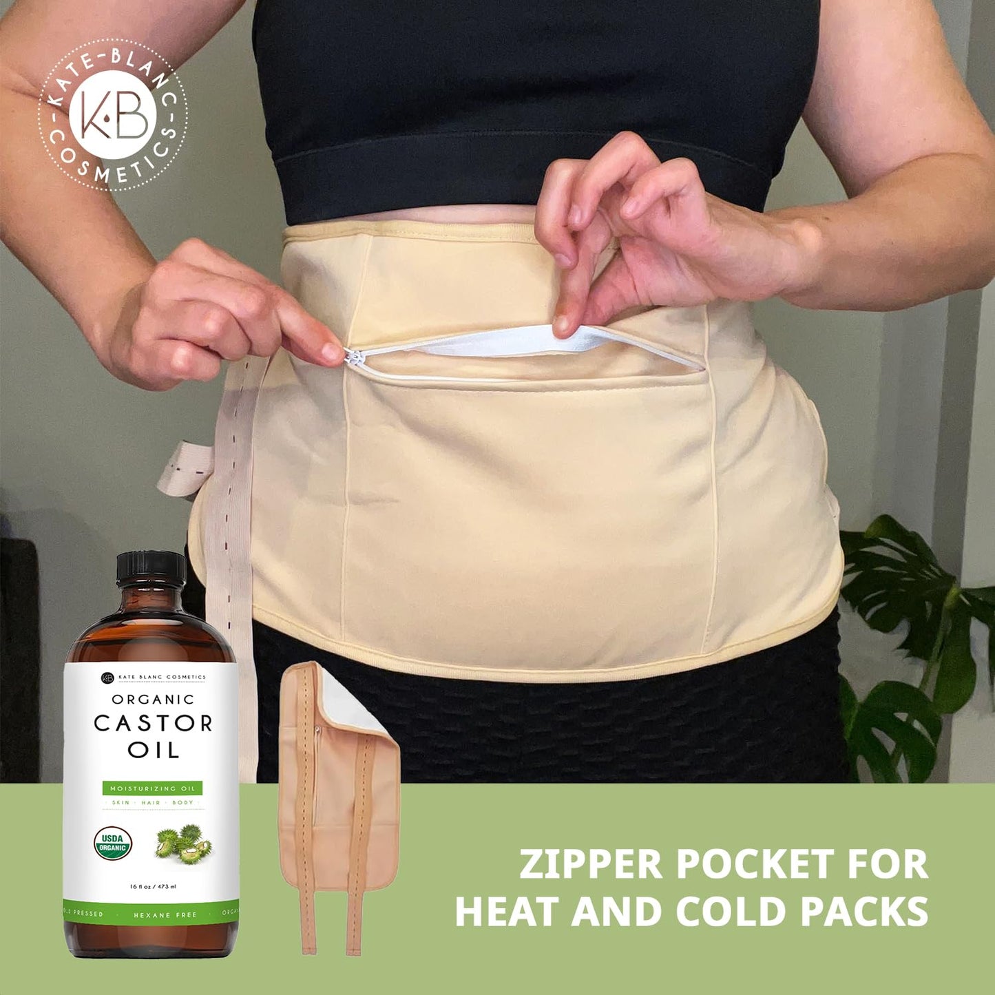 Kate Blanc Cosmetics Castor Oil Pack Wrap for Stomach & Belly (16oz Glass Bottle) Moisturize Body & Skin. Reusable, Adjustable, Comfortable Fit.