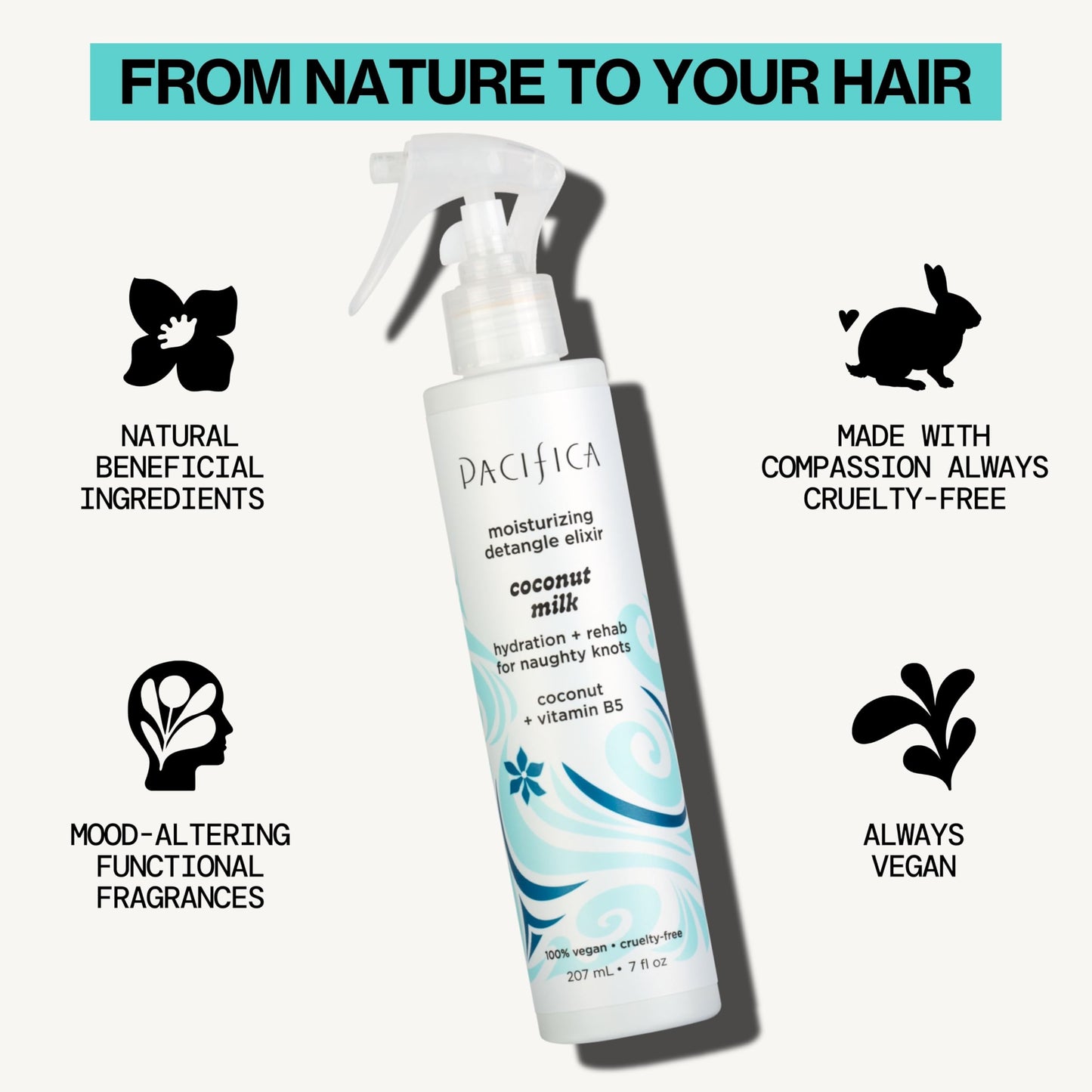 Pacifica Coconut Milk Hair Detangler Spray | Leave-In Conditioner for All Hair Types | Moisturizing, Smoothing & Anti-Frizz Elixir, 207 mL
