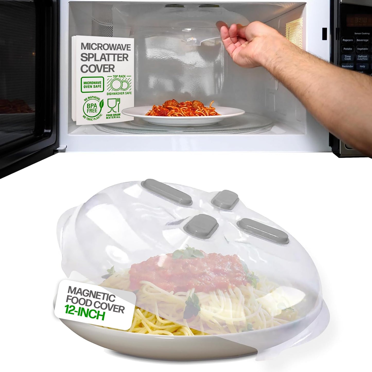 Hover Cover 12" Magnetic Splatter Cover – Clear BPA-Free Lid with Steam Vents, Anti-Splash Microwave Lid, Dishwasher Safe, Gray