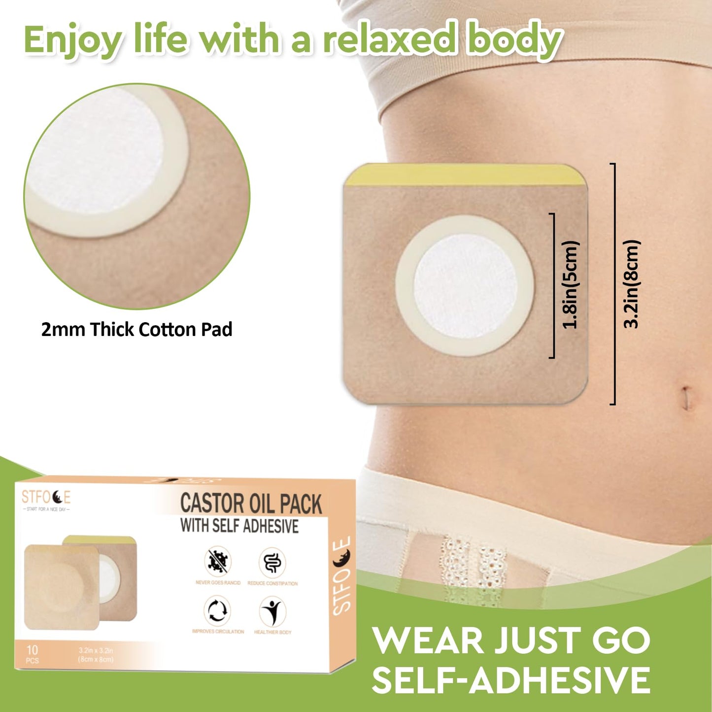 STFOCE 10pcs Disposable Castor Oil Pack Wraps – Organic Cotton, Self-Adhesive, Highly Absorbent, No Leak, Portable, Khaki