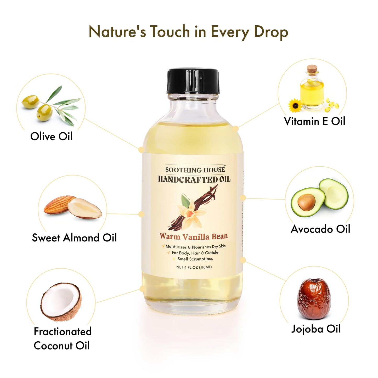 Soothing House Warm Vanilla Bean Body Oil - Moisturizing Body Oil for Soft, Glowing Skin with Almond & Jojoba Oil (4 fl oz)