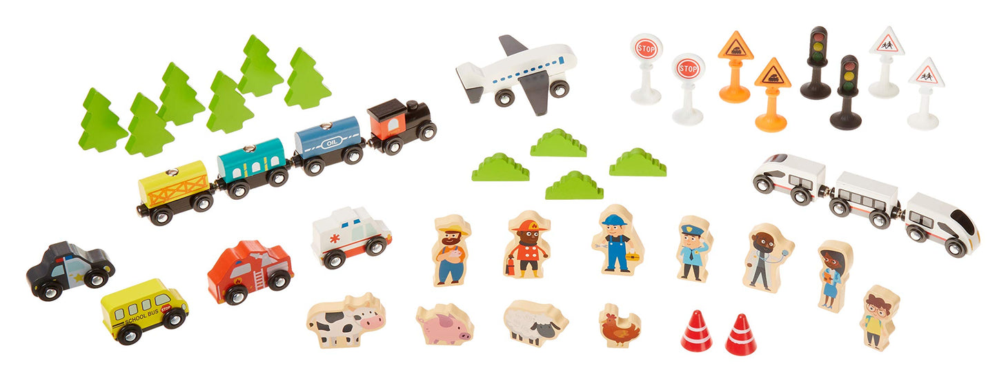 Amazon Basics 120 Piece Wooden Train Set with Table, Sturdy Tracks and Storage Bin, Multi-Activity, Kids Gift for Age 3Y+, 48.62 x 18.07 x 7.01 in