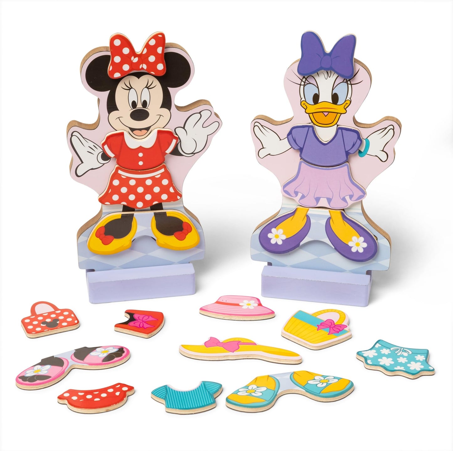 Melissa & Doug Disney Minnie Mouse & Daisy Duck Deluxe Wooden Magnetic Dress-Up Set, 2 Dolls with Stands, 52 Pieces, FSC Certified