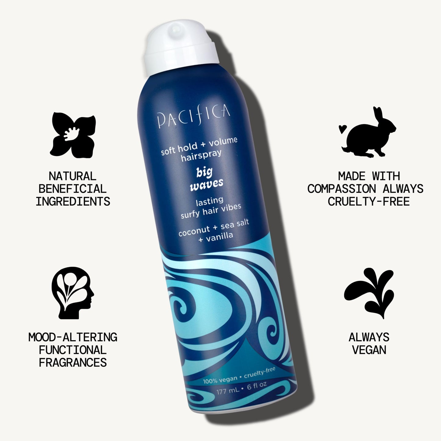 Pacifica Beauty Big Waves Coconut, Vanilla & Sea Salt Hairspray, Controls Frizz & Adds Volume, Designed for Wavy Hair, Vegan & Cruelty-Free, 6 Fl Oz