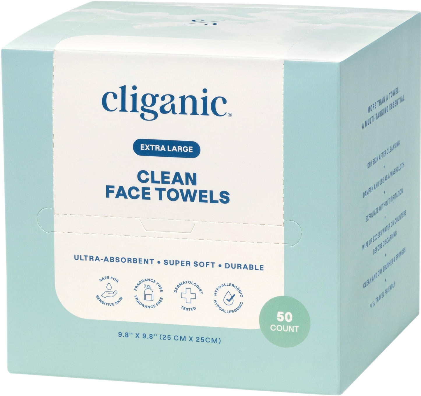 Cliganic XL Disposable Face Towels – Soft, Hypoallergenic, Ultra-Absorbent Makeup Remover Wipes, 50 Ct, All Skin Types