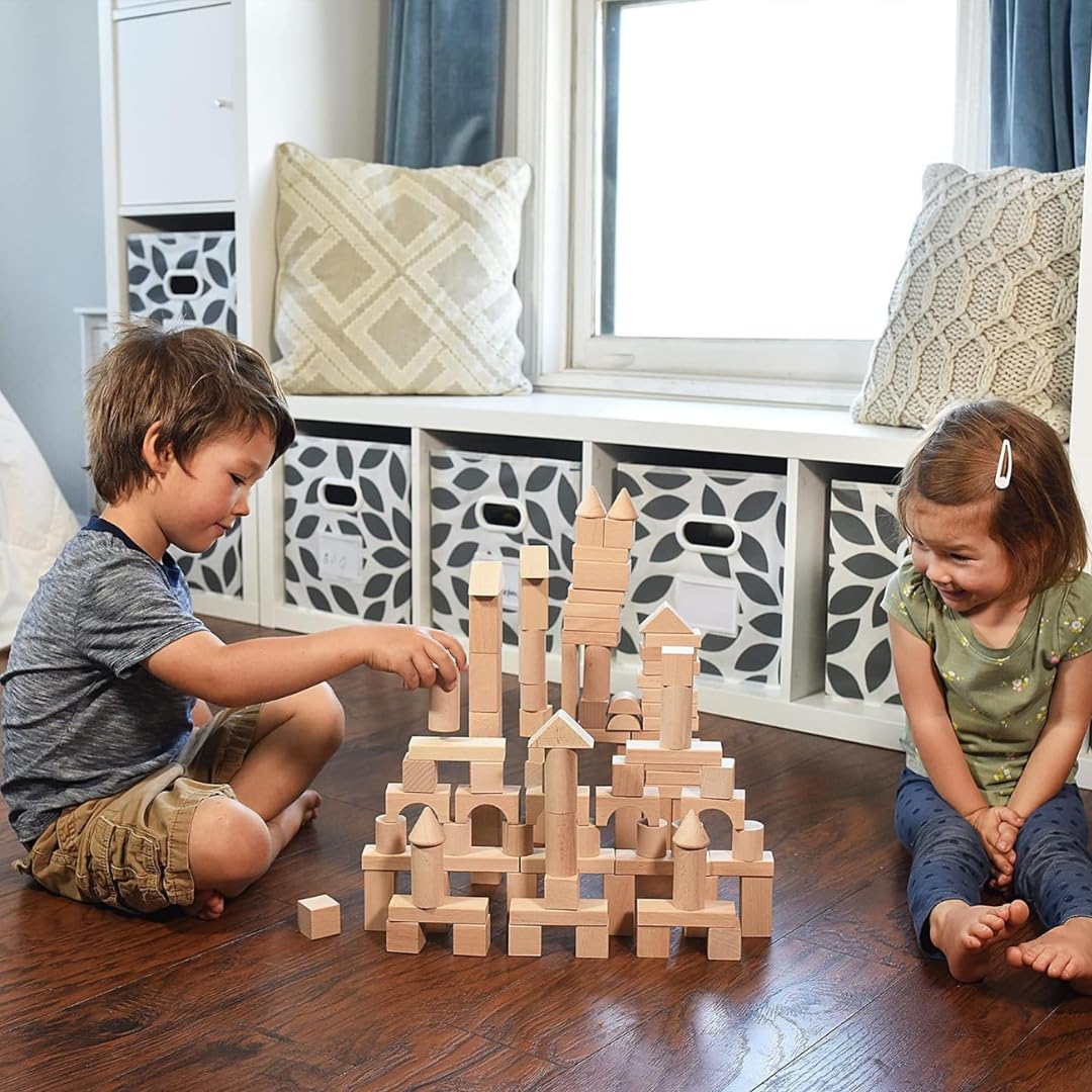 Pidoko Kids 100-Piece Wooden Blocks Set for Toddlers with Storage Container & Shape Sorter Lid – Natural Beech Wood Preschool Toy
