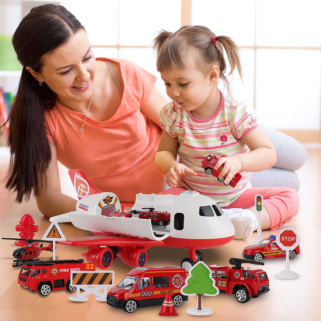 Dwi Dowellin Airplane Toy with Fire Truck Cars and Play Mat,Plane with Lights and Sounds for 3 + Years Old Boys and Girls
