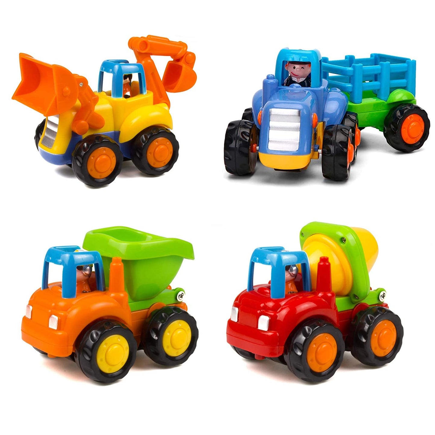 Friction Powered Cars Push & Go Construction Vehicle Toy Set with Tractor, Bulldozer, Dump Truck & Cement Mixer for Toddlers & Boys Gifts