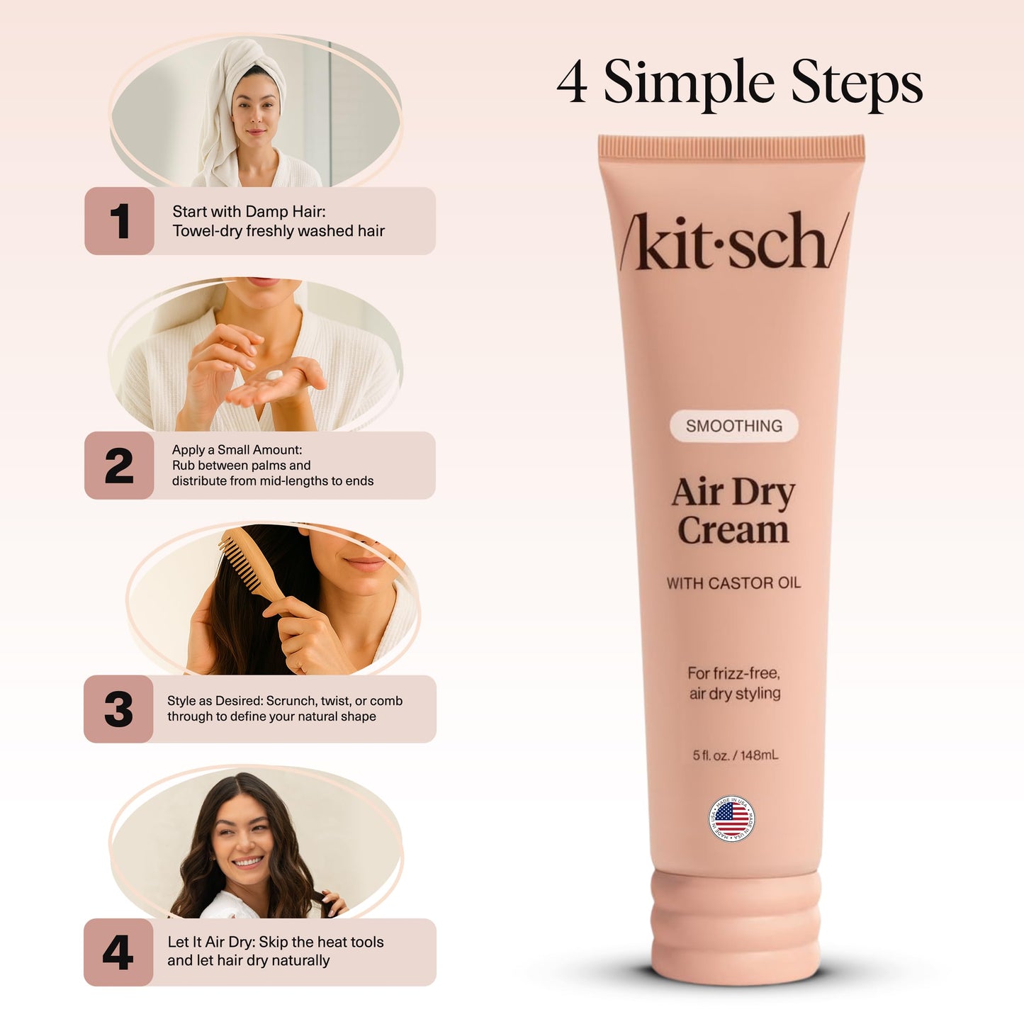 Kitsch Smoothing Air Dry Cream – Frizz Control Styling Cream with Castor & Coconut Oil – Enhances Natural Texture, 24-Hour Smooth Finish, 5 oz