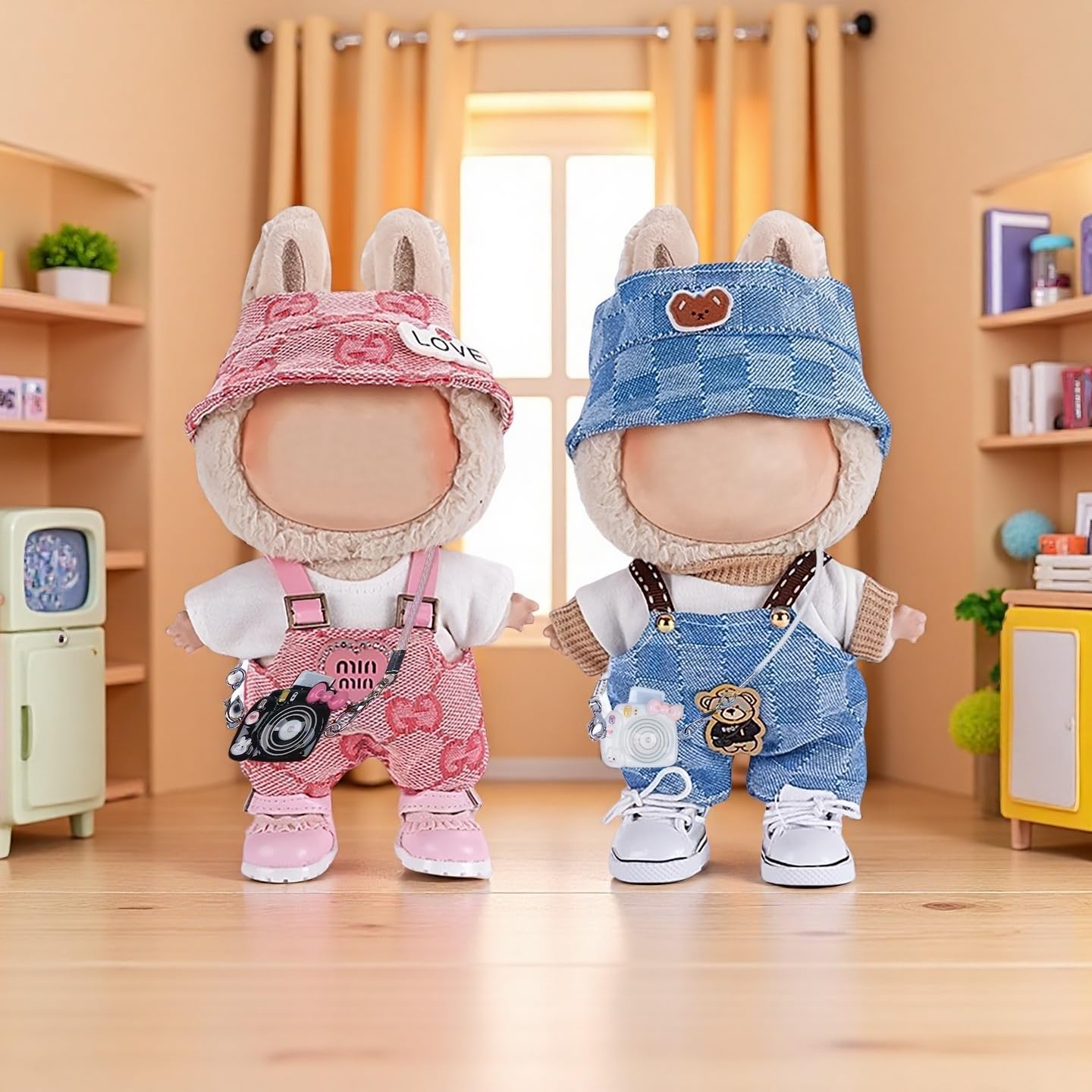 Ariker 4-Piece Doll Clothes Set for 15-17cm Labubu Dolls – Pink Outfit with Top, Overalls, Hat & Handbag (No Doll/Shoes) AK060PK