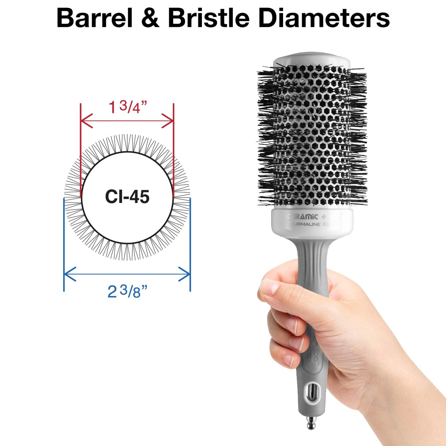 Olivia Garden Ceramic + Ion Round Thermal Brush 1.75" – Professional Blowout Brush for Normal to Thick Hair, Non-Electrical, White & Grey