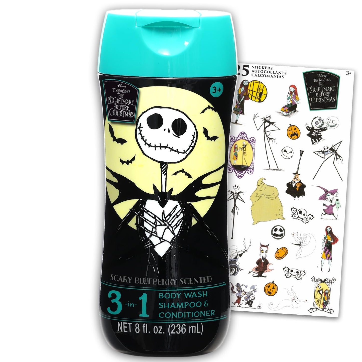 Disney Nightmare Before Christmas Kids 3-in-1 Shampoo, Conditioner & Body Wash Set – Scary Blueberry Scent, 8 Oz Bottle + Stickers Bundle