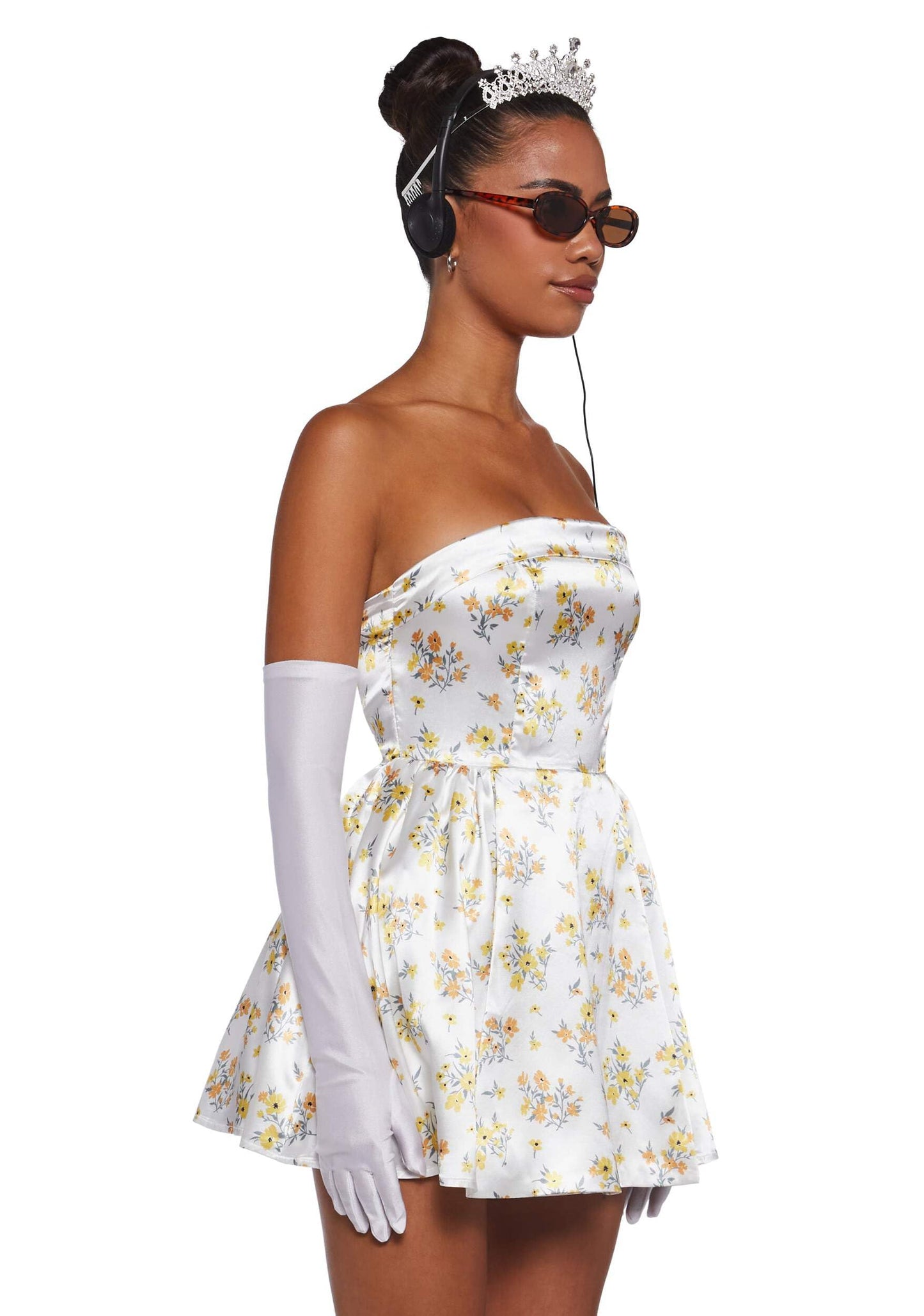 Dolls Kill Princess Mia Costume by Trickz N’ Treatz – Women’s Floral Satin Mini Dress with Gloves, Tiara, Sunglasses & Headphones, Small