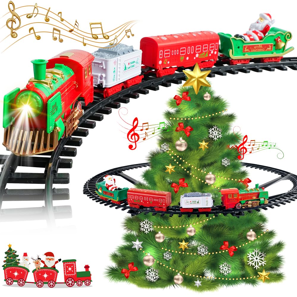VATOS 2-in-1 Hanging Christmas Train Set with Lights & Sounds – Indoor/Outdoor Holiday Toy Around & Under Tree, Family Decoration