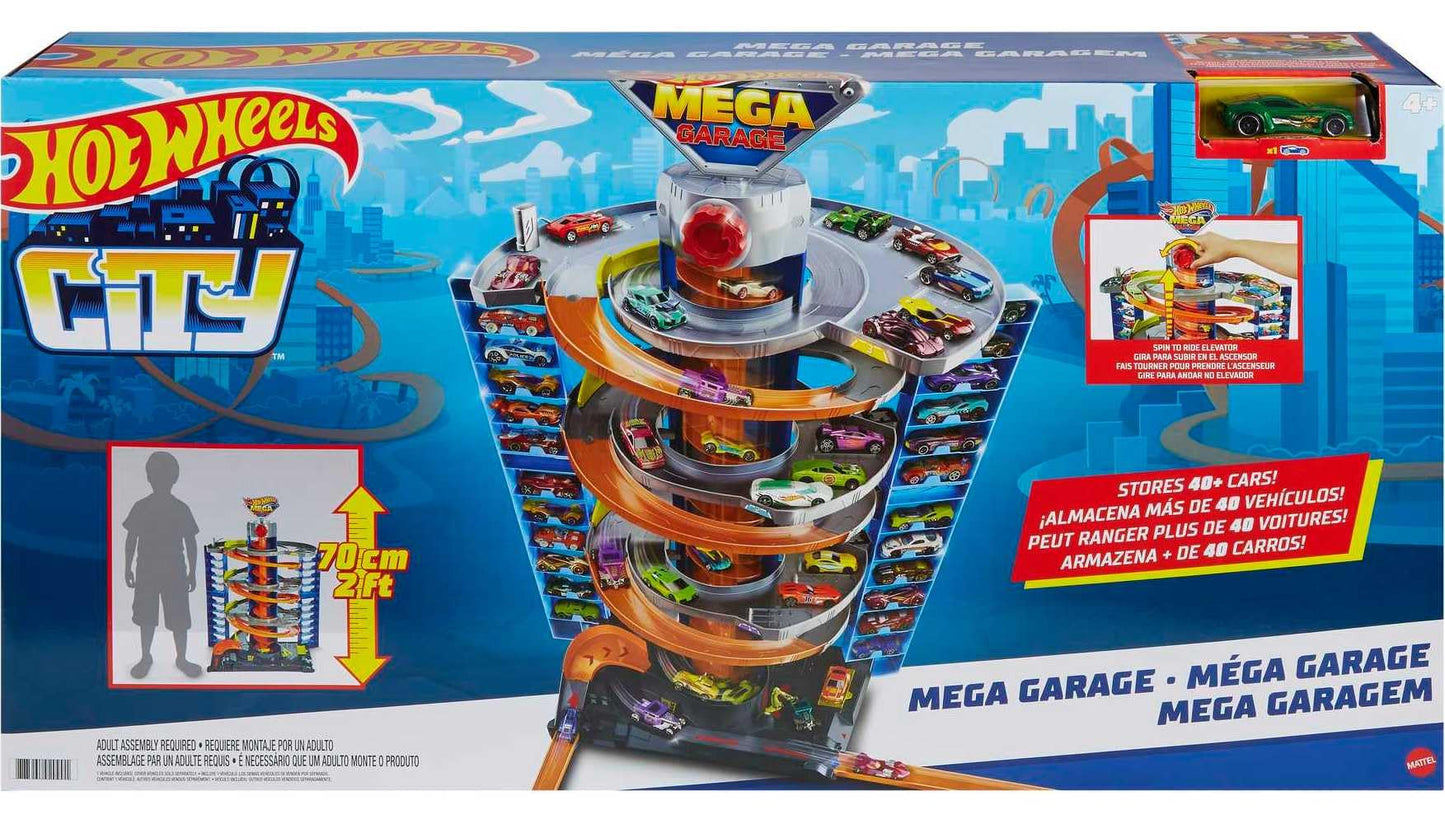 Hot Wheels City Mega Garage Playset with Corkscrew Elevator, 60+ Car Storage & 1 Vehicle, Kids 4+ Gift, HFH03