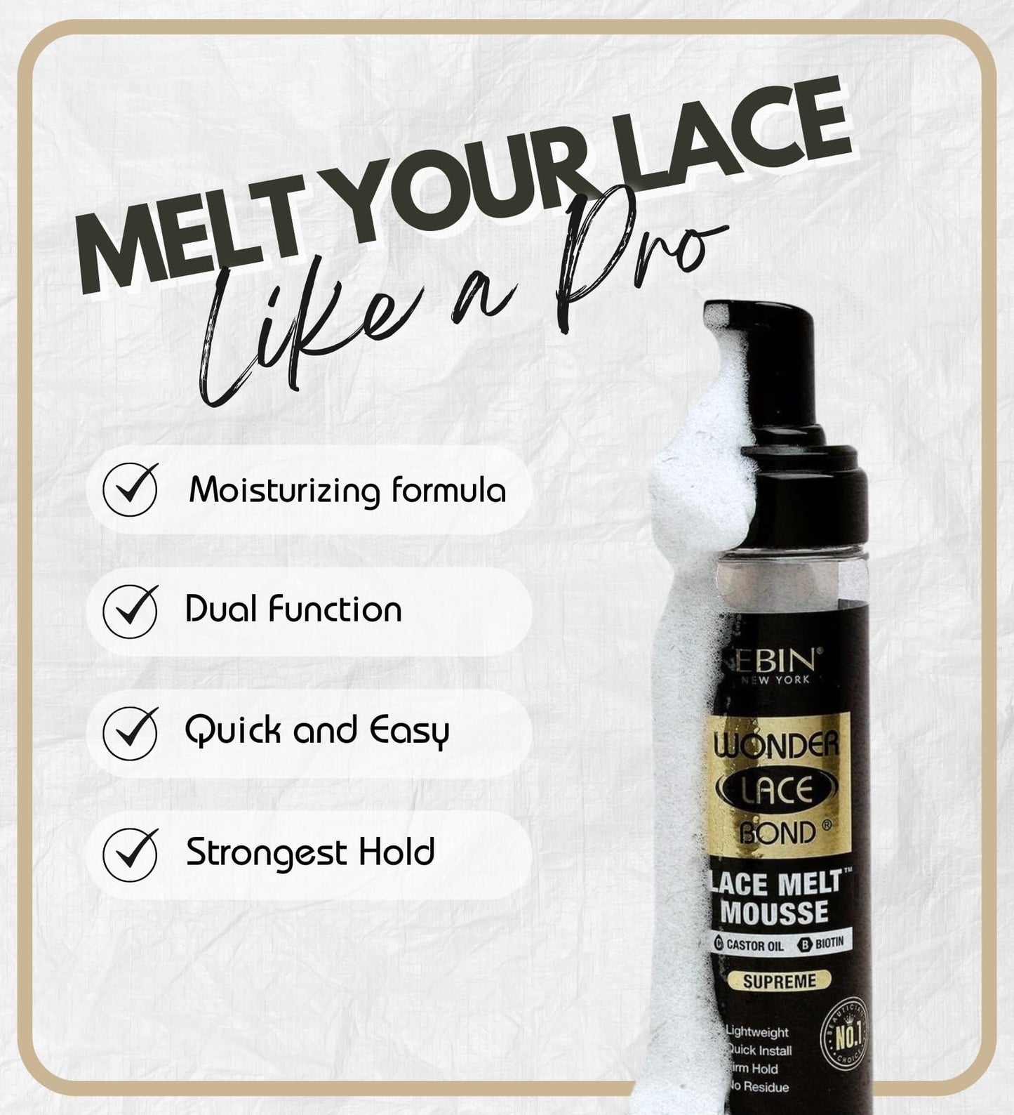 EBIN NEW YORK Wonder Lace Bond Melt Mousse 8.5oz – Supreme Hold, Biotin & Castor Oil, Long-Lasting, No Residue, Natural Look