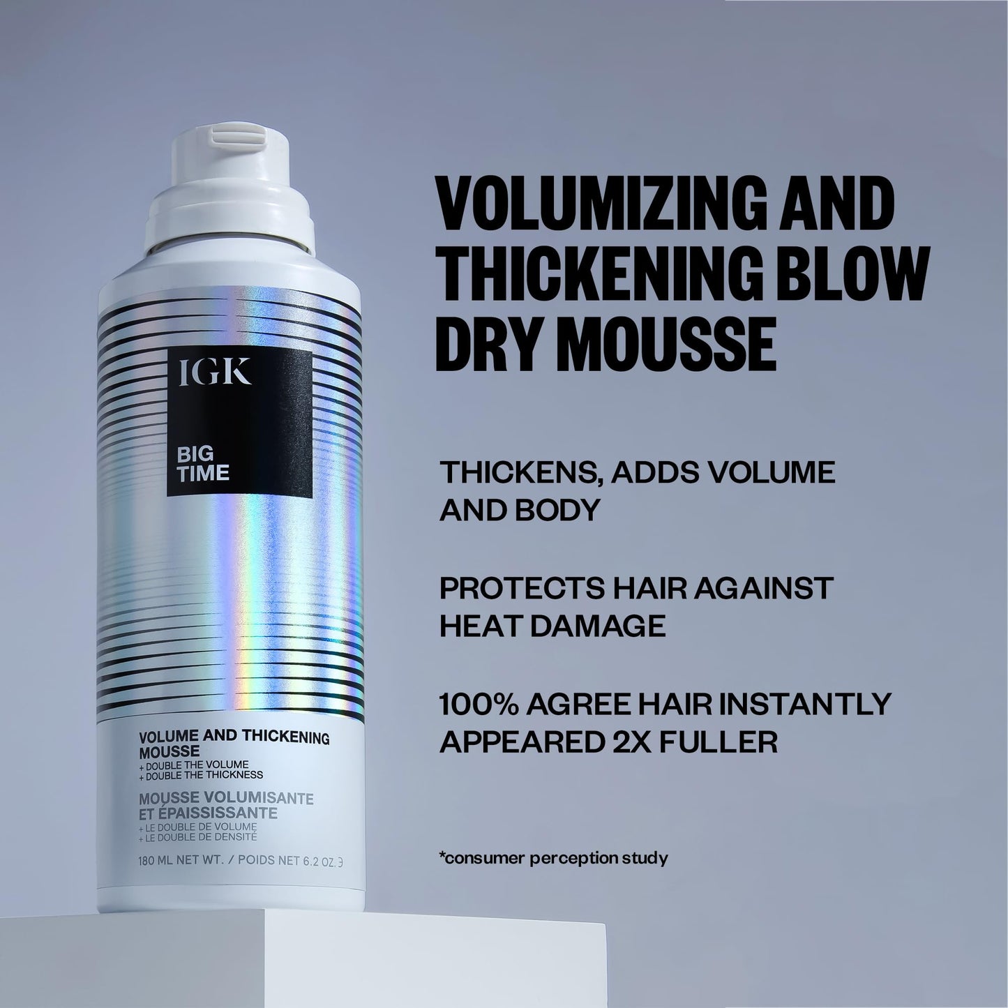 IGK BIG TIME Volume & Thickening Mousse | Moveable + Fullness + Frizz Control | Vegan + Cruelty Free | 6.2 Oz