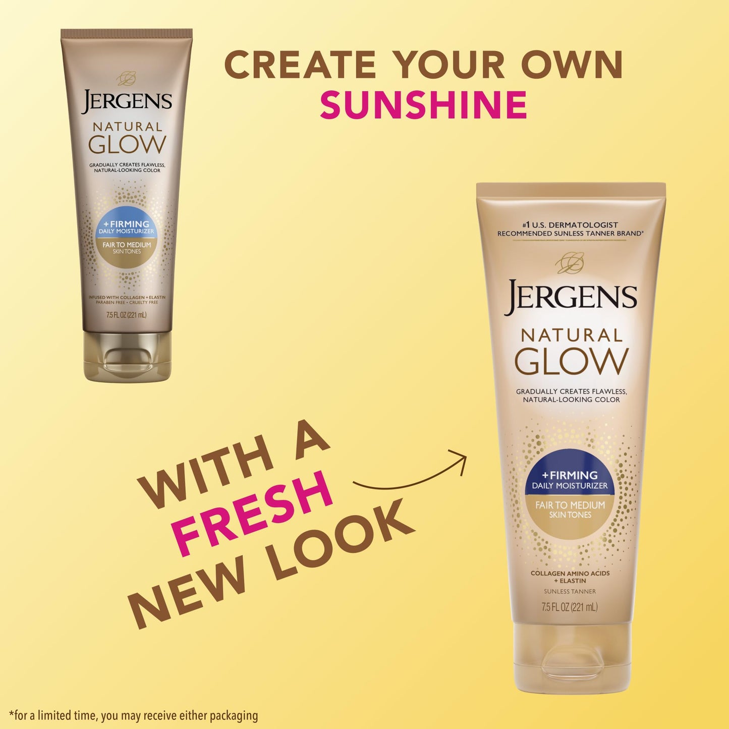 Jergens Natural Glow + Firming Self-Tanner Lotion for Fair to Medium Skin – Sunless Moisturizer with Collagen & Elastin, Reduces Cellulite, 7.5 Fl Oz