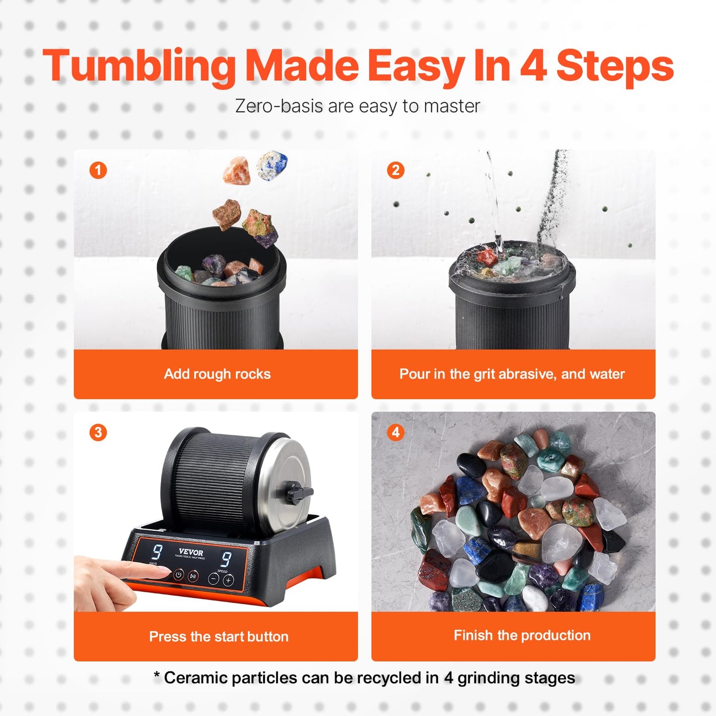 VEVOR 2.5 lbs Rock Tumbler Kit – 9-Speed, 9-Day Stone Polisher with Rough Gemstones & Polishing Grits for Adults & Kids