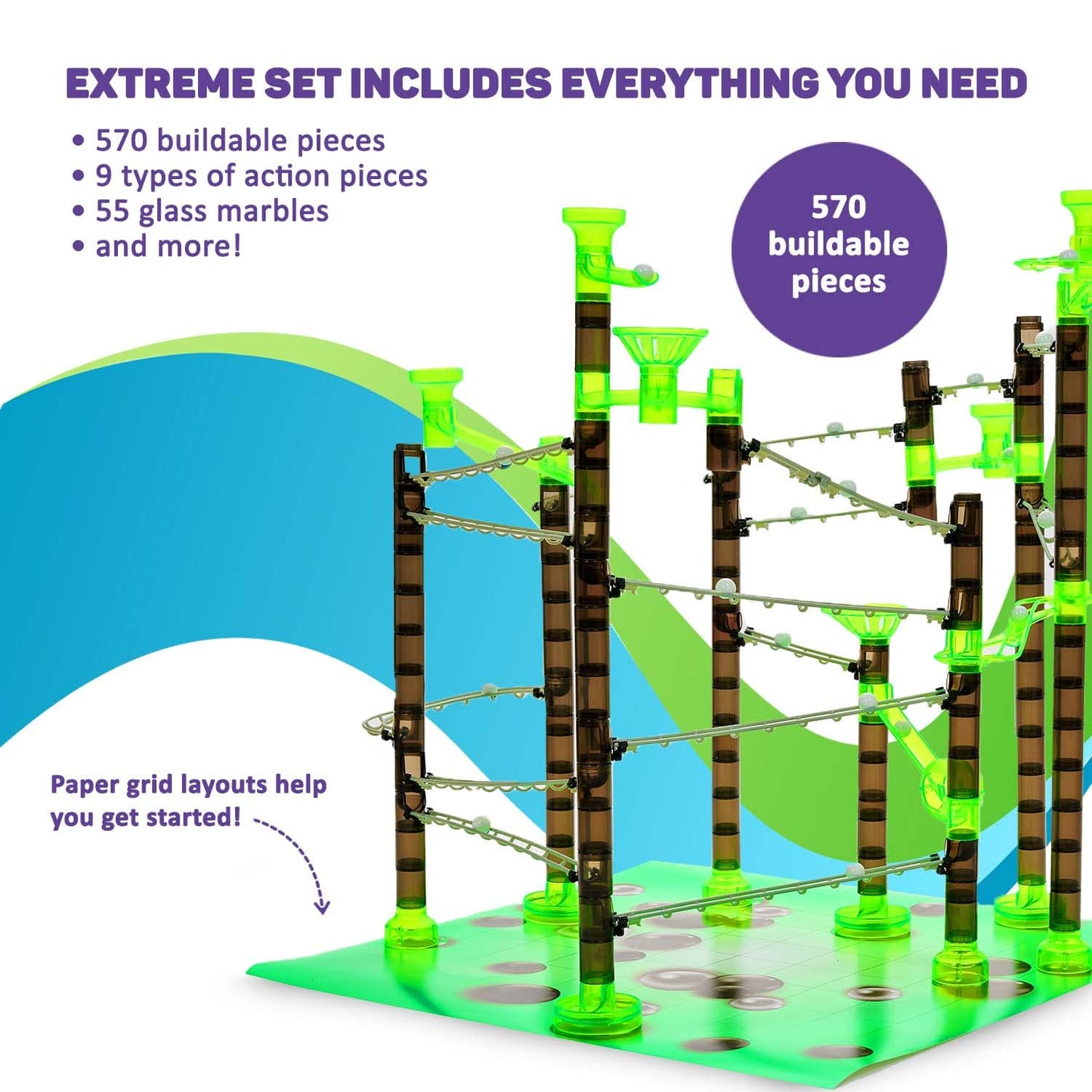 Marble Genius Marble Rails Extreme Set, 625-Piece Marble Run for Kids 8+, STEM, 55 Marbles, 80 Rails, 20 Bases, Full-Color Instructions