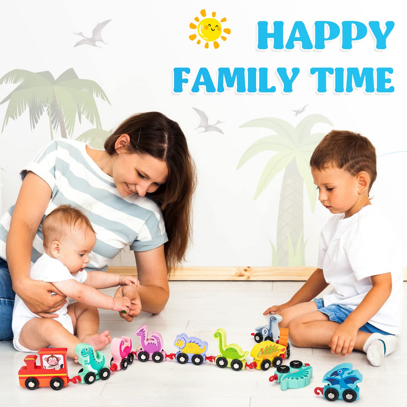 EDUJOY Wooden Dinosaur Train Set for Toddlers, Montessori Learning Toy, Easter & Birthday Gifts for Boys & Girls Ages 2-4