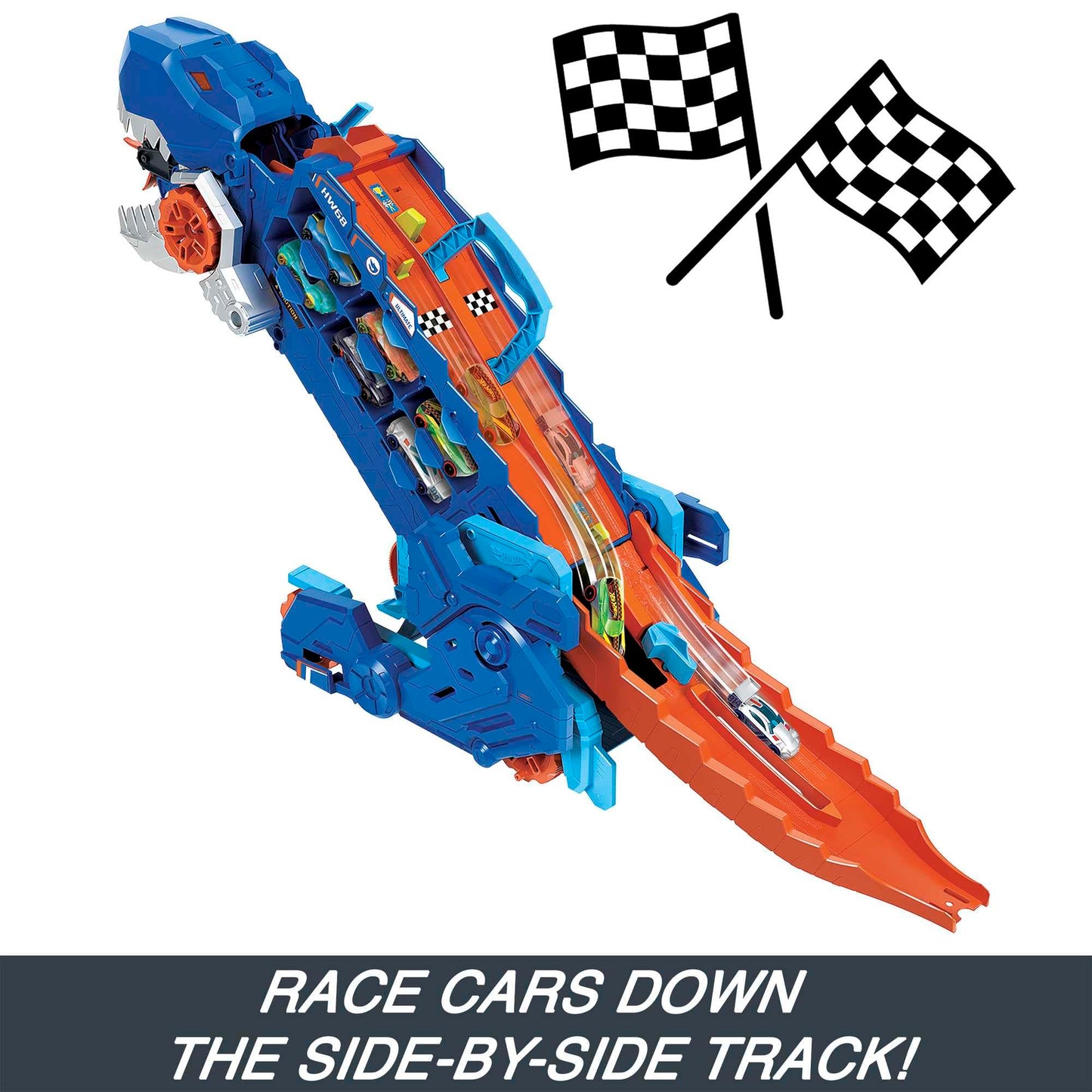 Hot Wheels City Toy Car Track Set, Ultimate T-Rex Transporter, Hauler Transforms into Stomping Dino with Race Track, from Netflix Series “Let’s Race”