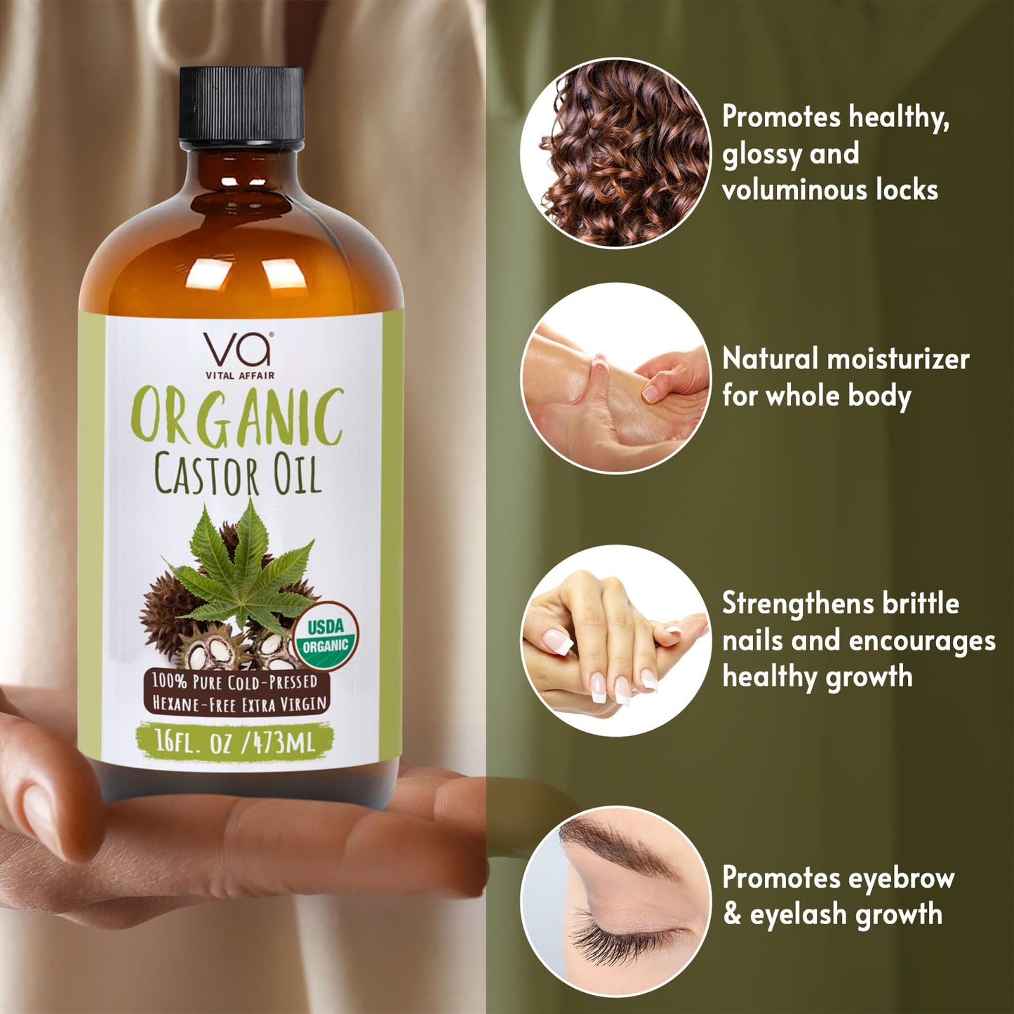 VITAL AFFAIR Organic Castor Oil 16oz – 100% Pure, Cold Pressed & Unrefined – USDA Certified – For Hair Growth, Eyelashes, Eyebrows & Castor Oil Pack