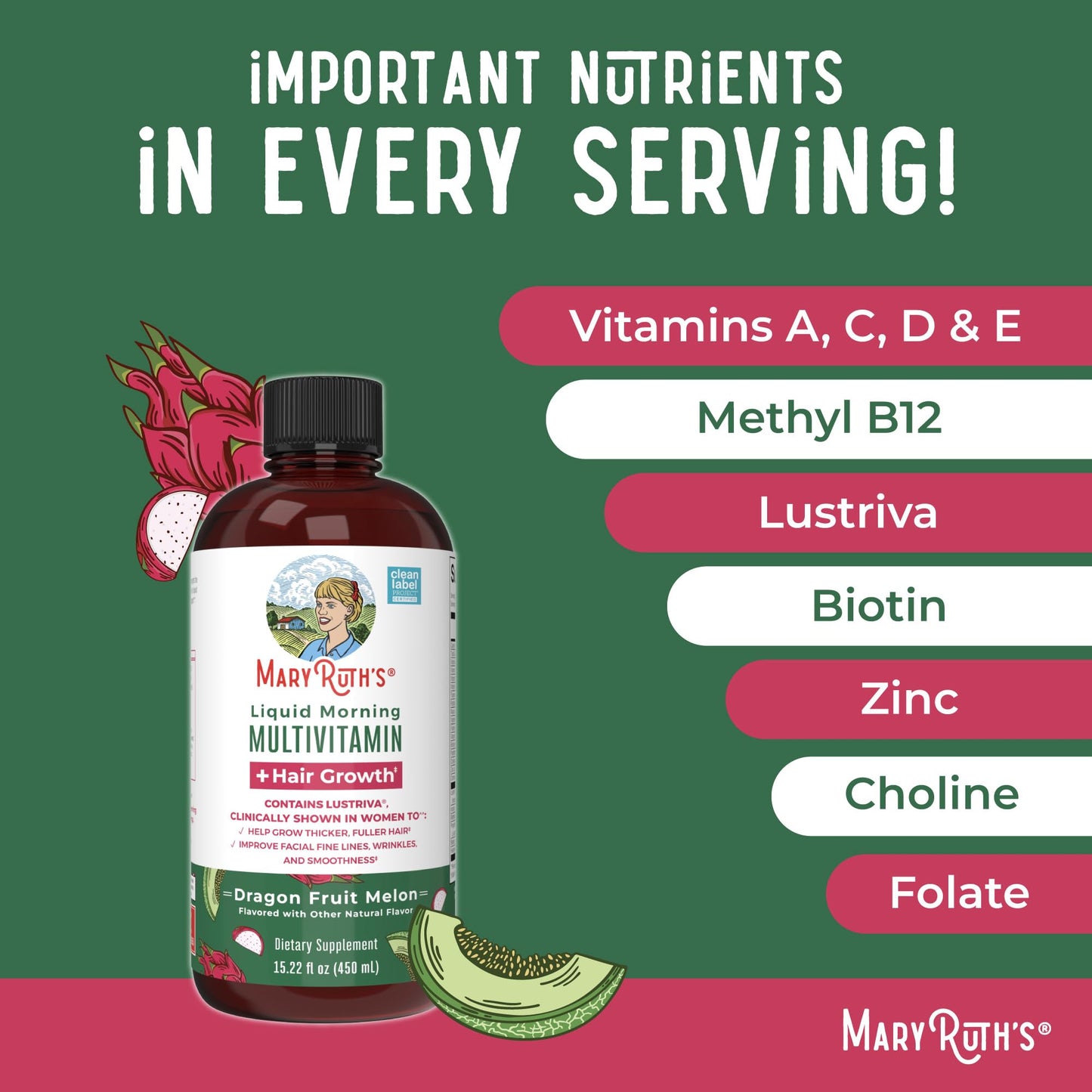 MaryRuth's Liquid Multivitamin + Hair Growth | Biotin 10000mcg | Lustriva Supplement for Thicker Hair & Smooth Skin | Clinically Tested | 15.22 Fl Oz