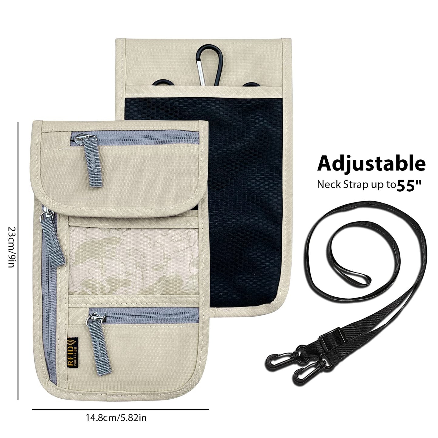 Travel Neck Wallet – RFID Blocking Passport Holder with Adjustable Strap for Men & Women, Secure Cash, Cards & Travel Documents, Beige